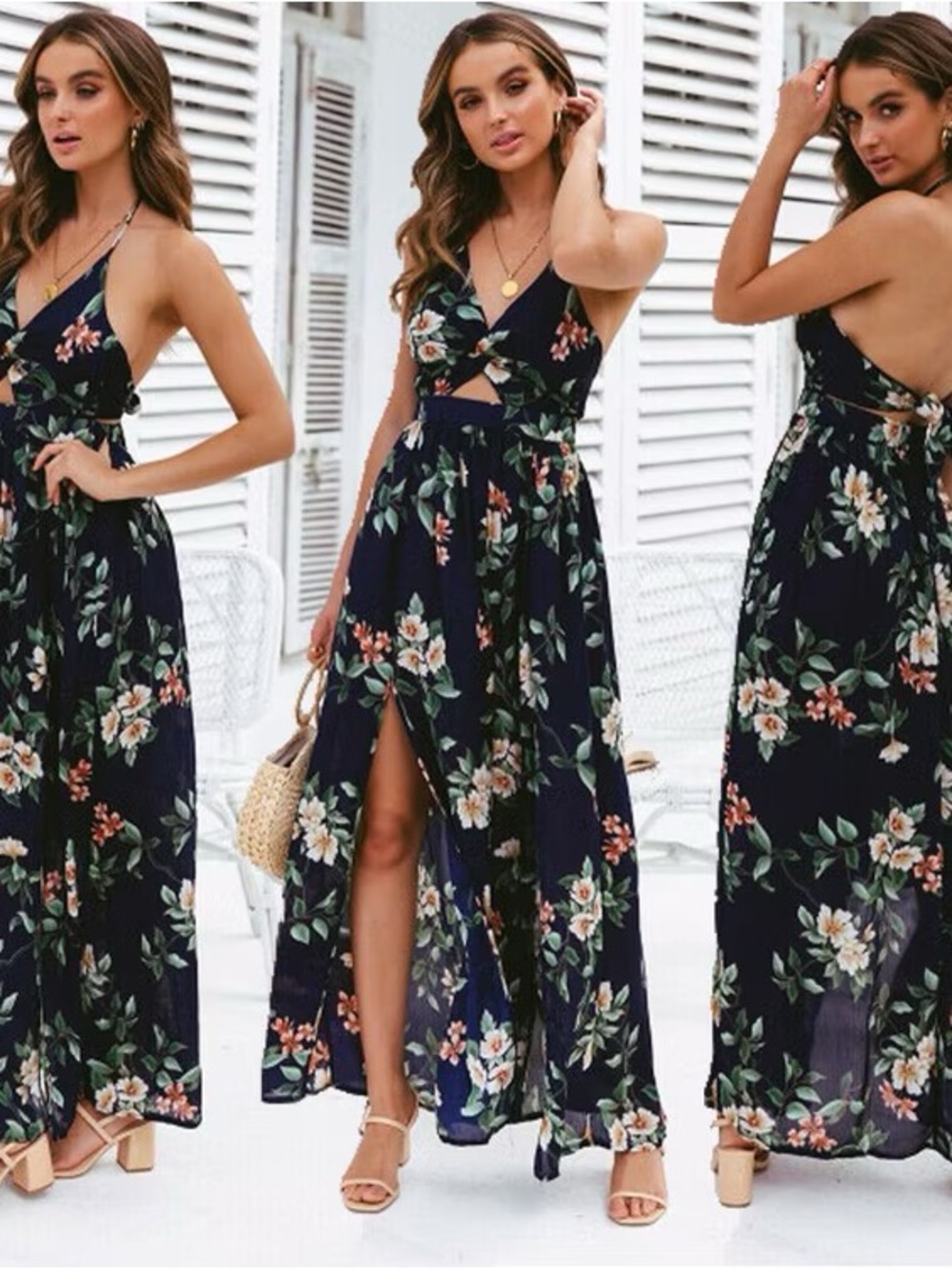 Women's Navy Floral Maxi Dress with Cutout
